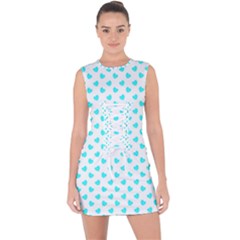 White Light Blue Hearts Pattern, Pastel Sky Blue Color Lace Up Front Bodycon Dress