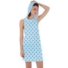 White Light Blue Hearts Pattern, Pastel Sky Blue Color Racer Back Hoodie Dress