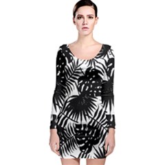 Black And White Tropical Leafs Pattern, Vector Image Long Sleeve Bodycon Dress by Casemiro