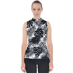 Black And White Tropical Leafs Pattern, Vector Image Mock Neck Shell Top by Casemiro