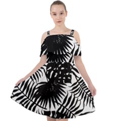 Black And White Tropical Leafs Pattern, Vector Image Cut Out Shoulders Chiffon Dress