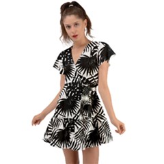 Black And White Tropical Leafs Pattern, Vector Image Flutter Sleeve Wrap Dress by Casemiro