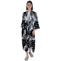 Black And White Tropical Leafs Pattern, Vector Image Maxi Satin Kimono