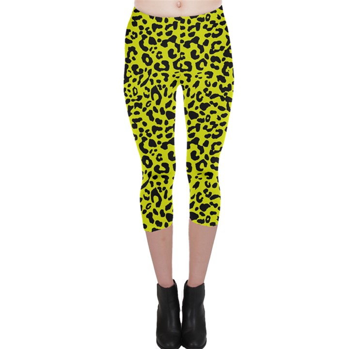 Leopard spots pattern, yellow and black animal fur print, wild cat theme Capri Leggings 