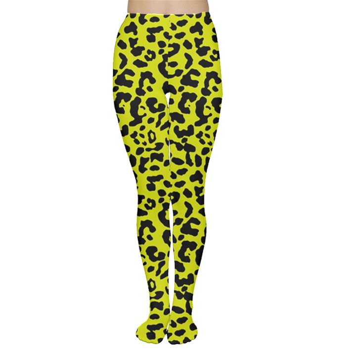 Leopard spots pattern, yellow and black animal fur print, wild cat theme Tights