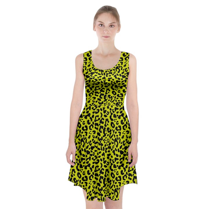 Leopard spots pattern, yellow and black animal fur print, wild cat theme Racerback Midi Dress