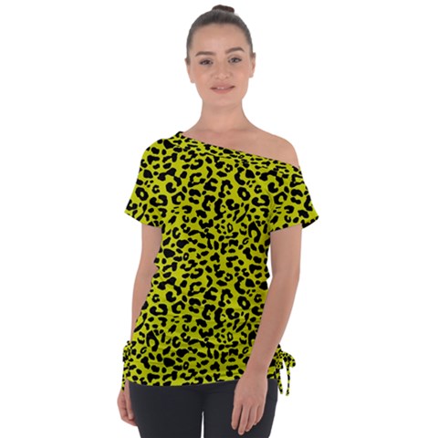 Leopard Spots Pattern, Yellow And Black Animal Fur Print, Wild Cat Theme Tie-up Tee by Casemiro