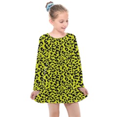 Leopard Spots Pattern, Yellow And Black Animal Fur Print, Wild Cat Theme Kids  Long Sleeve Dress by Casemiro