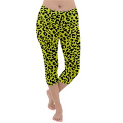 Leopard Spots Pattern, Yellow And Black Animal Fur Print, Wild Cat Theme Lightweight Velour Capri Yoga Leggings by Casemiro