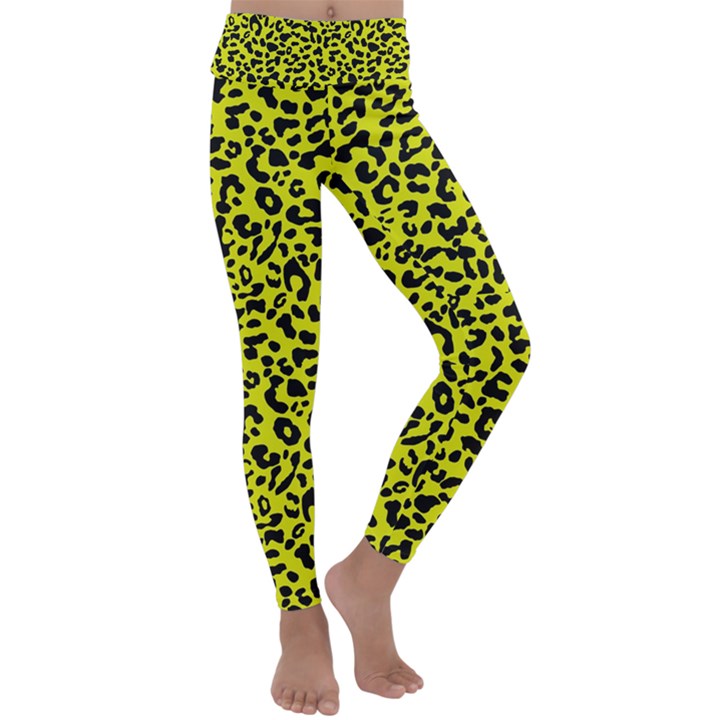 Leopard spots pattern, yellow and black animal fur print, wild cat theme Kids  Lightweight Velour Classic Yoga Leggings