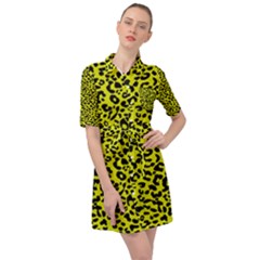 Leopard Spots Pattern, Yellow And Black Animal Fur Print, Wild Cat Theme Belted Shirt Dress by Casemiro