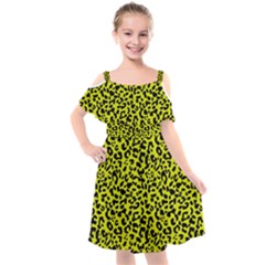 Leopard Spots Pattern, Yellow And Black Animal Fur Print, Wild Cat Theme Kids  Cut Out Shoulders Chiffon Dress by Casemiro