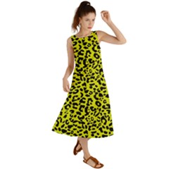 Leopard Spots Pattern, Yellow And Black Animal Fur Print, Wild Cat Theme Summer Maxi Dress