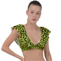 Leopard spots pattern, yellow and black animal fur print, wild cat theme Plunge Frill Sleeve Bikini Top View1