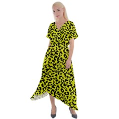 Leopard Spots Pattern, Yellow And Black Animal Fur Print, Wild Cat Theme Cross Front Sharkbite Hem Maxi Dress by Casemiro