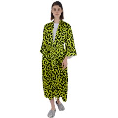 Leopard Spots Pattern, Yellow And Black Animal Fur Print, Wild Cat Theme Maxi Satin Kimono