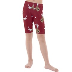 Cute Reindeer Head With Star Red Background Kids  Mid Length Swim Shorts by BangZart