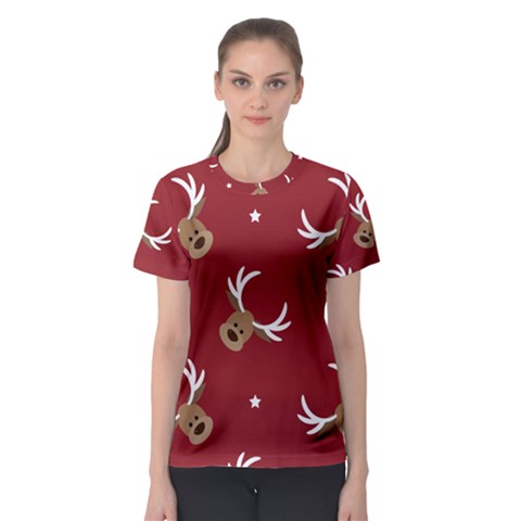 Cute Reindeer Head With Star Red Background Women s Sport Mesh Tee by BangZart