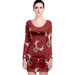 Cute Reindeer Head With Star Red Background Long Sleeve Bodycon Dress by BangZart