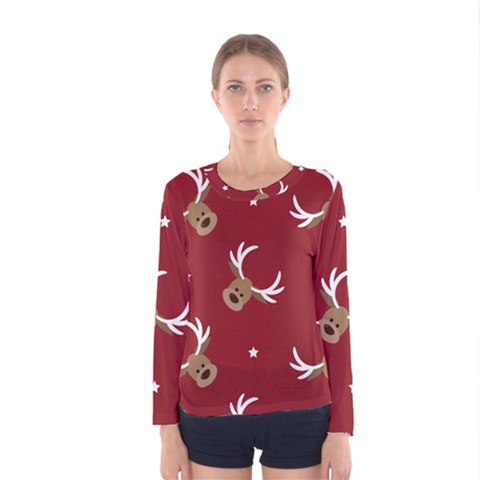 Cute Reindeer Head With Star Red Background Women s Long Sleeve Tee by BangZart