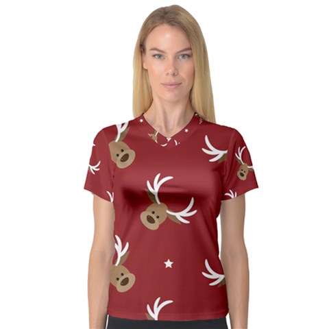 Cute Reindeer Head With Star Red Background V-neck Sport Mesh Tee by BangZart