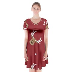 Cute Reindeer Head With Star Red Background Short Sleeve V-neck Flare Dress by BangZart