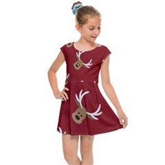 Cute Reindeer Head With Star Red Background Kids  Cap Sleeve Dress by BangZart