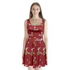 Cute Reindeer Head With Star Red Background Split Back Mini Dress  by BangZart