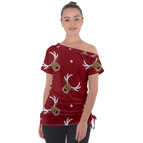 Cute Reindeer Head With Star Red Background Tie-up Tee by BangZart