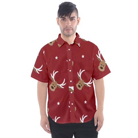 Cute Reindeer Head With Star Red Background Men s Short Sleeve Shirt by BangZart