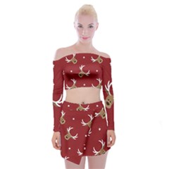 Cute Reindeer Head With Star Red Background Off Shoulder Top With Mini Skirt Set by BangZart