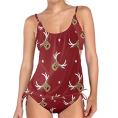 Cute Reindeer Head With Star Red Background Tankini Set by BangZart