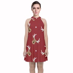 Cute Reindeer Head With Star Red Background Velvet Halter Neckline Dress  by BangZart