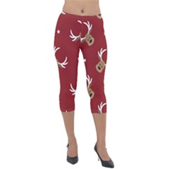 Cute Reindeer Head With Star Red Background Lightweight Velour Capri Leggings  by BangZart