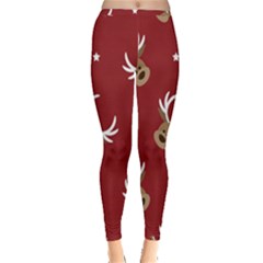 Cute Reindeer Head With Star Red Background Inside Out Leggings by BangZart