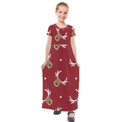 Cute Reindeer Head With Star Red Background Kids  Short Sleeve Maxi Dress by BangZart