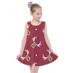 Cute Reindeer Head With Star Red Background Kids  Summer Dress by BangZart