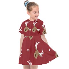 Cute Reindeer Head With Star Red Background Kids  Sailor Dress by BangZart