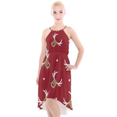 Cute Reindeer Head With Star Red Background High-low Halter Chiffon Dress  by BangZart