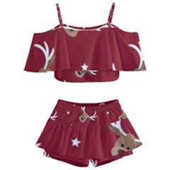 Cute Reindeer Head With Star Red Background Kids  Off Shoulder Skirt Bikini by BangZart