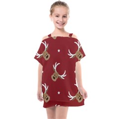 Cute Reindeer Head With Star Red Background Kids  One Piece Chiffon Dress by BangZart