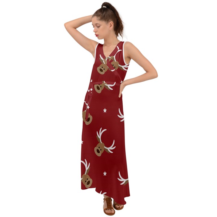 Cute reindeer head with star red background V-Neck Chiffon Maxi Dress