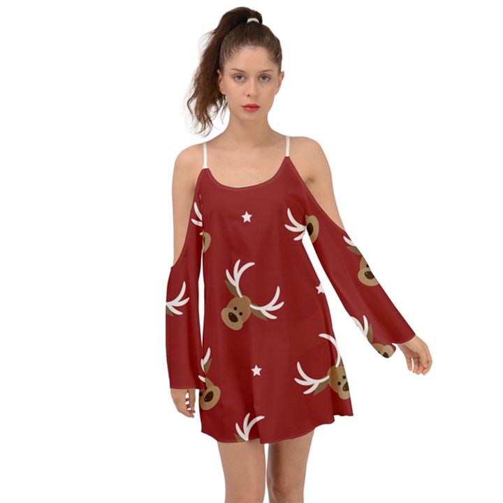 Cute reindeer head with star red background Kimono Sleeves Boho Dress