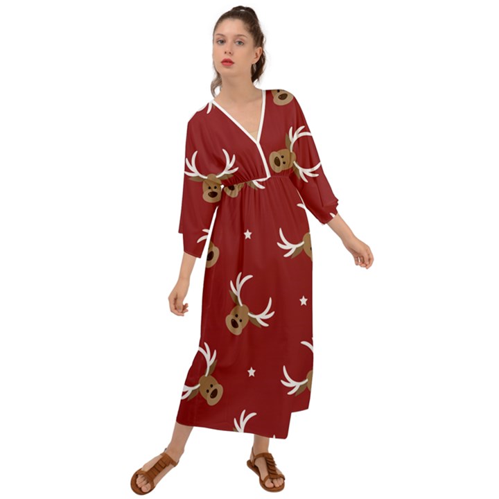 Cute reindeer head with star red background Grecian Style  Maxi Dress