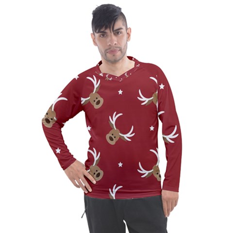 Cute Reindeer Head With Star Red Background Men s Pique Long Sleeve Tee by BangZart