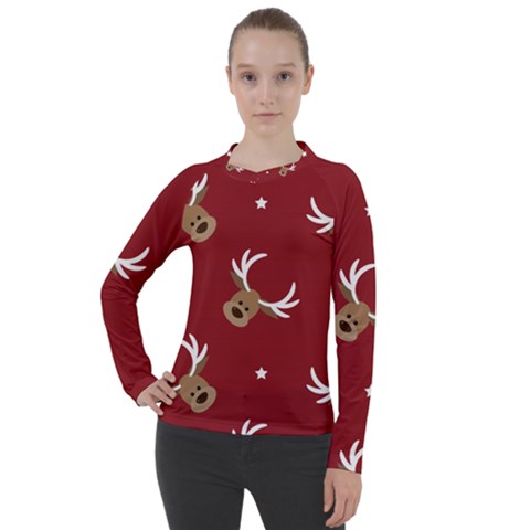 Cute Reindeer Head With Star Red Background Women s Pique Long Sleeve Tee by BangZart