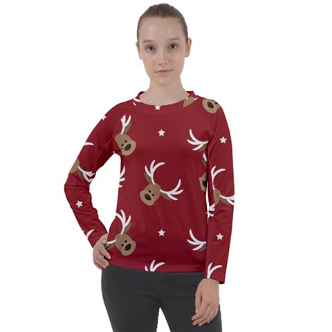 Cute Reindeer Head With Star Red Background Women s Long Sleeve Raglan Tee by BangZart