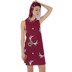 Cute Reindeer Head With Star Red Background Racer Back Hoodie Dress by BangZart