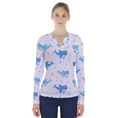 Seamless Pattern With Cute Sharks Hearts V-neck Long Sleeve Top by BangZart