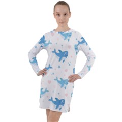 Seamless Pattern With Cute Sharks Hearts Long Sleeve Hoodie Dress by BangZart